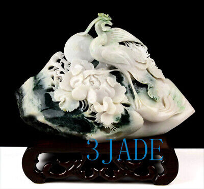 Dushan Jade Stone Bird Flower /Phoenix Peony Sculpture/Statue/Carving