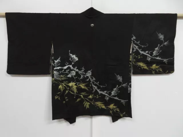 1020i06z510 Vintage Japanese Kimono Silk HAORI Black Plants