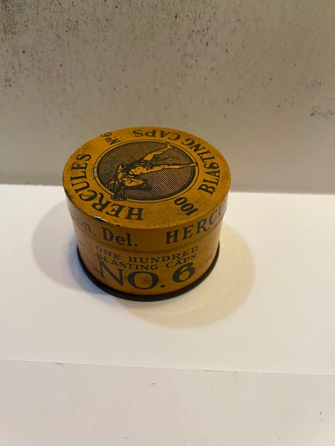 Antique HERCULES Blasting Caps Tin 100 No. 6 Wilmington Del YELLOW 2