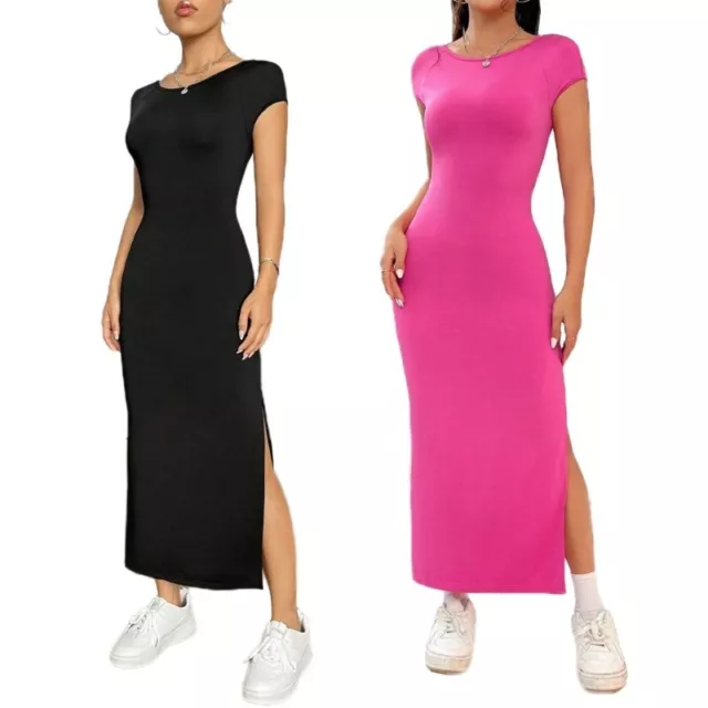 Women Short Sleeve Backless Side Split Cocktails Midi Bodycon Pencil Dress