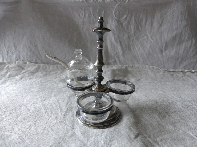 Ancien Moutardier De Table En Métal Argenté – Condiments Vintage