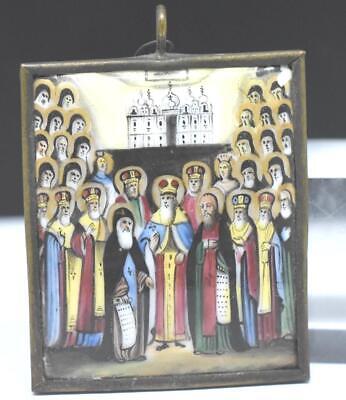 RARE Russian Antique Orthodox Icon Panagia SAINTS Porcelain Finift Hand Painted