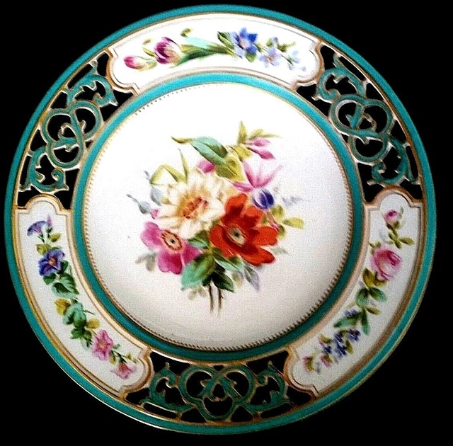 Copeland England Antique Reticulated Floral 19th Cent Cabinet Plate Hd Painted