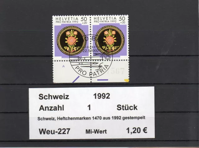 Schweiz, Paar Heftchenmarken Nr. 1470 von 1992 gestempelt (227)