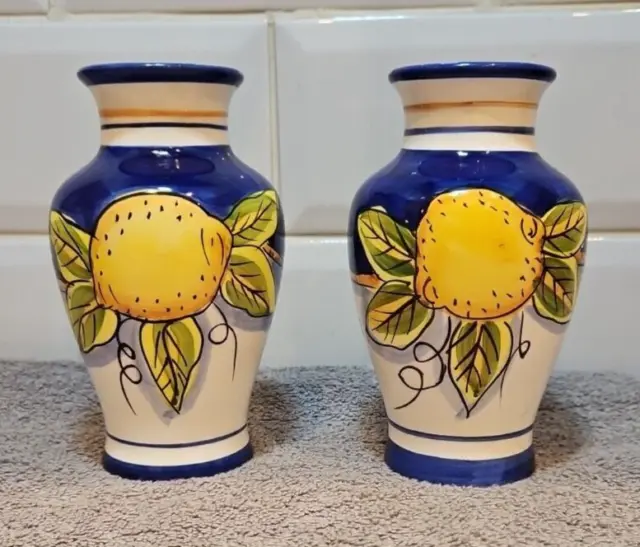 2 x Vintage 2003 RFA Handpainted vases lemons Blue & Yellow 5.75"/14.5cm Tall
