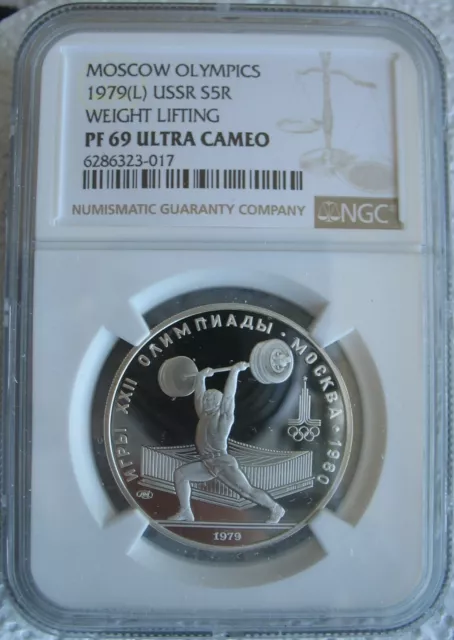 1979-L USSR Silver 5 Roubles NGC PF-69 Ul.Cam. Moscow Olympics-Weight Lifting