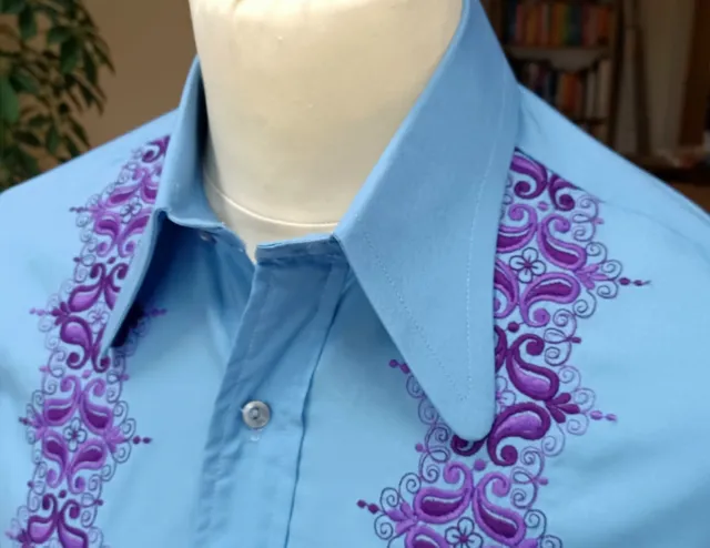 Mens Vintage 1970S Tootal Profile Beagle Collar Floral Embroided Front Shirt