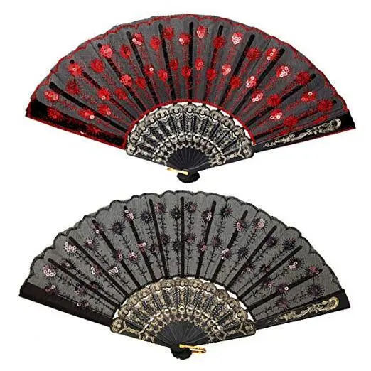 2 Pieces of Sequin Fabric Folding Fans Embroidered Flower Lace Trim Red, Black
