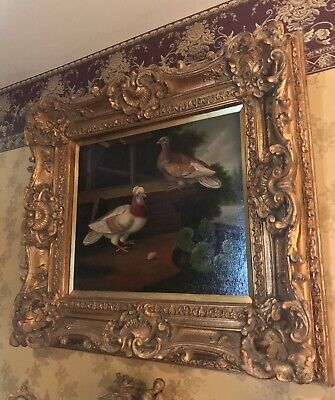 Oil Painting, VERY LARGE, Signed, EXOTIC BIRDS LEAVES, ORNATE Gold Frame 34 X 37