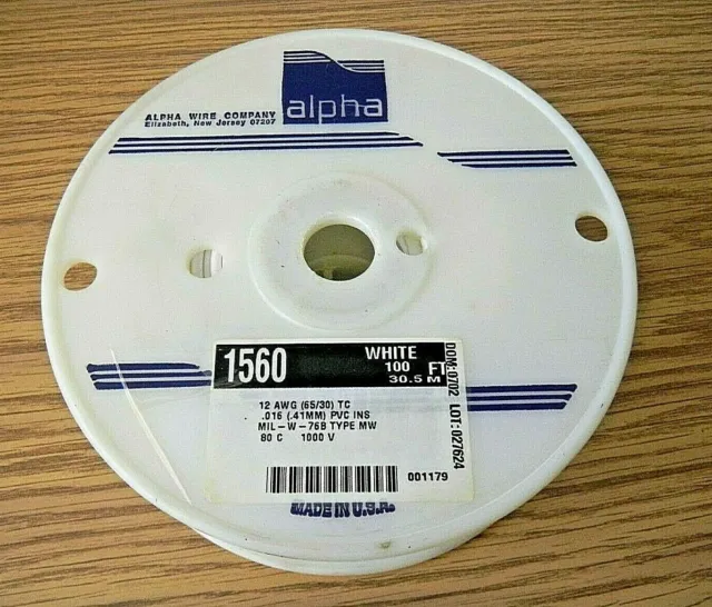 Alpha Wire 1560-100 1 X 1 Hook Up Wire 12 AWG 1000V .016 PVC Ins. White -100 Ft