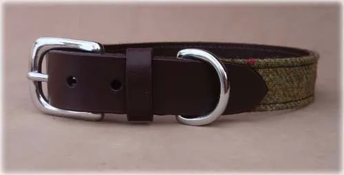 Islay Tweed and Luxury Leather Green Dog Puppy Collar in Small,Gift Idea Pets