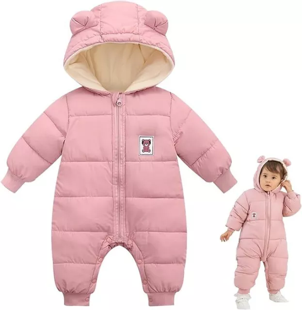 Baby Snowsuit Romper Cute Bear Winter Hooded Jumpsuit with Zip Boys Girls Infant