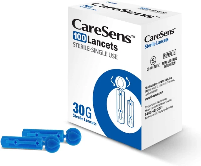 Lancetas estériles de un solo uso ultrafinas 30G diseño universal CareSens (100 unidades)