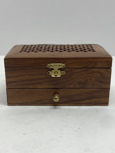 Vintage Wooden Trinket Box Hinged Carved Lid, Drawer,  & Brass Inlay Stash Box
