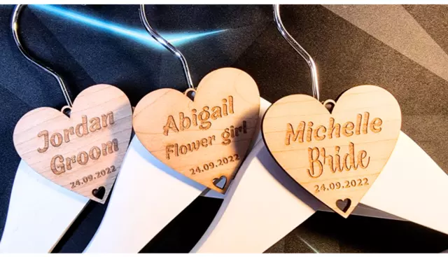 Personalised laser Engraved Wedding Coat Hanger Tags, Party Wooden Veneer Heart