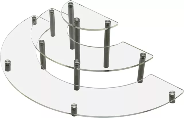 Clear Acrylic 3 Tier Tabletop Display Half Moon Shelf Riser w/ Silver Metal Legs