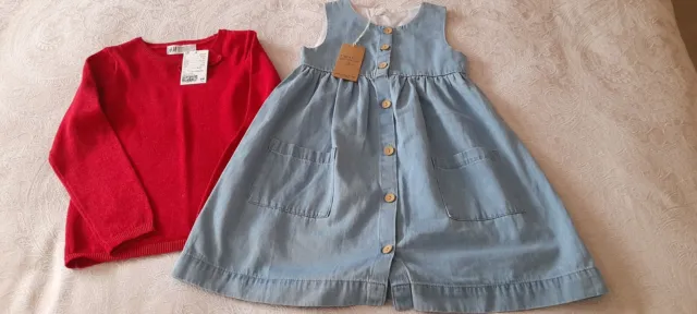 Next Girls Age 5/6 Blue Pinafore Bnwt And H&M Girls Age 4/6 Red Top Bnwt