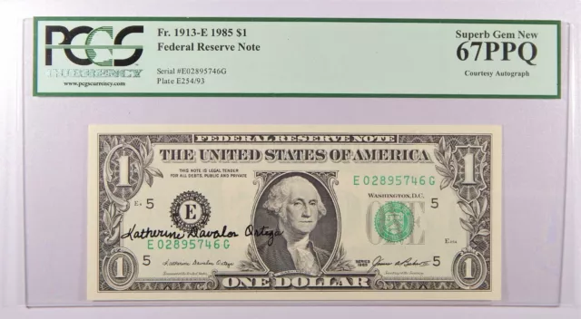 Courtesy Autographed Fr. 1913-E $1 1985 PCGS Superb Gem New 67PPQ