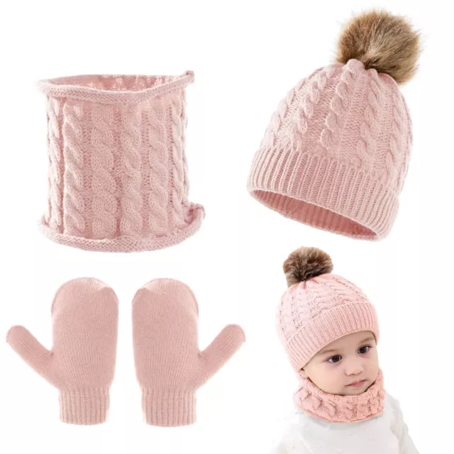 3Pcs Baby Beanie Hat Scarf Gloves Set Infant Knitted Cap Winter Warm Gloves T...