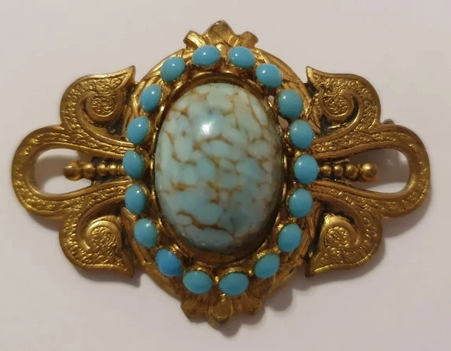 Broche Ancienne Style Art Nouveau - Plaqué Or, Perle Et Strass, Occasion