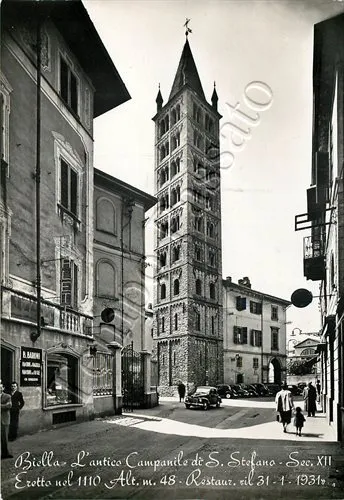 Cartolina di Biella, campanile di Santo Stefano - 1960