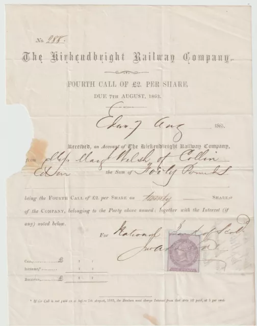 Original 1863 share call document for KIRKCUDBRIGHT RAILWAY COMPANY