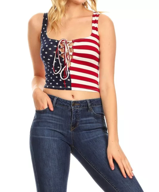 SEXY RED, WHITE & blue Flag Lace Up front cropped cleavage top new Festival  top $14.80 - PicClick