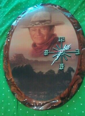 Vintage John Wayne wood clock portrait lacquered large US made by Central Time