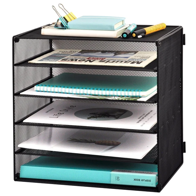 5 Slot Desk Organizer Tray - Mesh File Paper Letter Rack