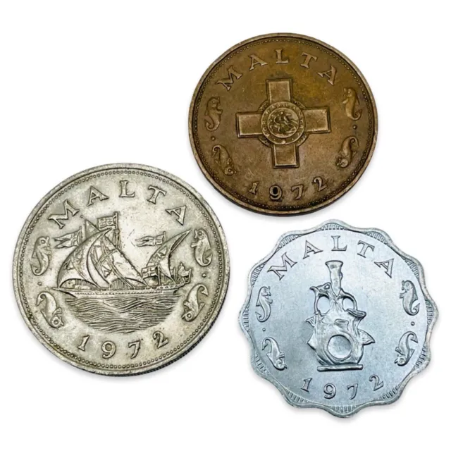Lot of 3 Malta 5 Mils, 1 & 10 Cents - All 1972 #MER91811S