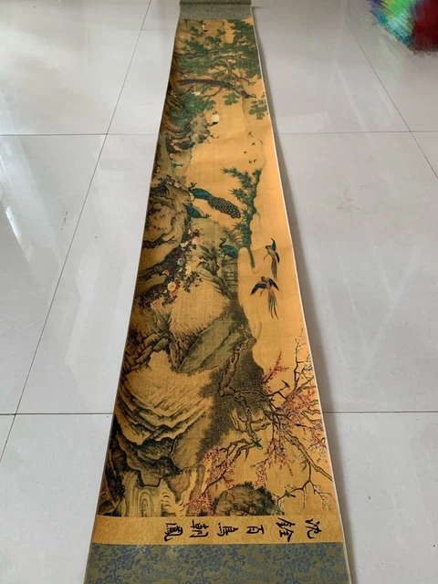 11.8" Collectibles old Decor Scroll Painting A hundred birds turn to the phoenix