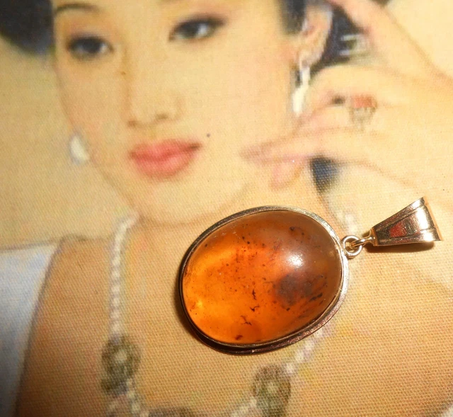 Pendentif Art Déco XXL Avec Ambre Et Longue Chaîne Argentée - Style Vintage Ancien