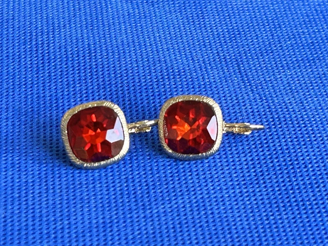 Monet Gold Tone Rhinestone Earrings Red Cut Glass Pierced Ears Round Vintage