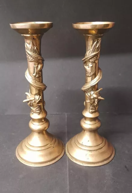 Vintage Pair of Chinese Dragon Brass Candlestick Holders Patina  10” T