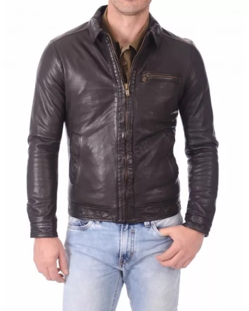Jacket Leather Biker Motorcycle Mens Coat Vintage Bomber Lambskin Skin Brown 5