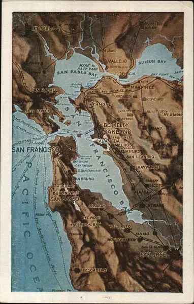 Topographical Map of San Francisco Bay Area,CA California Pacific Novelty Co.