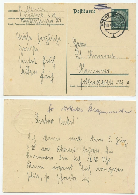 36657 - Ganzsache P 226 - Postkarte - Rheine 10.4.1938 nach Hannover
