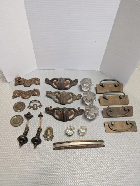 Lot of Vintage & Antique Brass Drawer Pulls Knobs Art Deco Victorian Glass Knobs