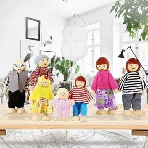 Wooden Furniture Dolls House Family Miniature 7 People Doll Toy Kids Child Gifts