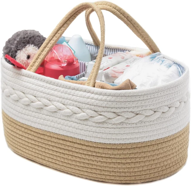 Baby Diaper Caddy Organizer, Rope Woven Nursery Storage Basket with Ad