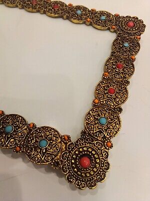 Brass tone ornate metal BOHO Picture Photo Frame orange turquoise red gold Glass