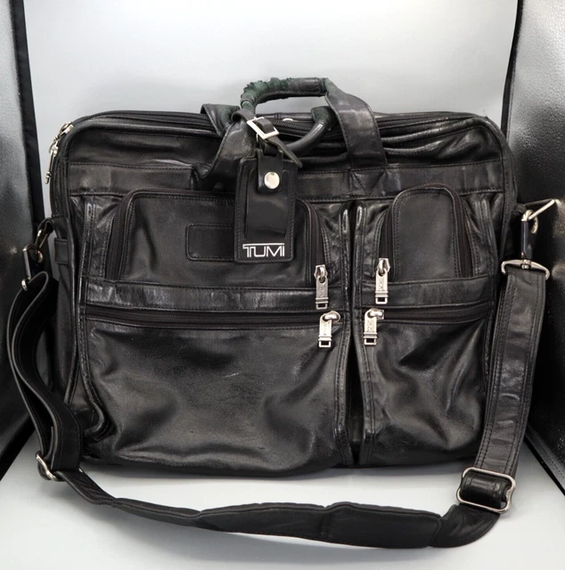 TUMI Alpha Expandable Laptop Bag Travel Messenger Black Leather Shoulder Strap