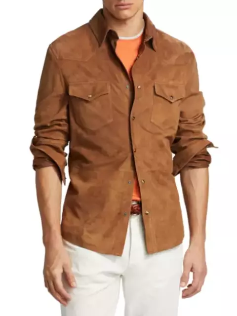 Men brown suede leather shirt designer tan suede cowboy leather jacket shirt #8