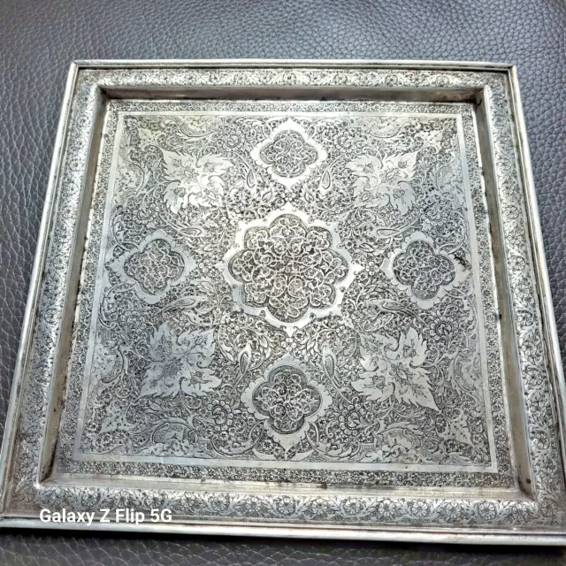 Exceptional Middle Eastern Solid Silver Square Tray By Reza Parvaresh
