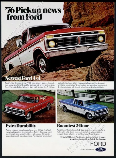 1976 Ford F-150 4x4 pickup truck & SuperCab photo vintage print ad