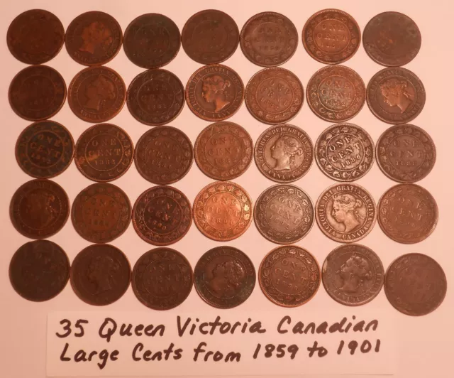 World Coin Lot:  35 Queen Victoria Canadian Large Cents from 1859 to 1901