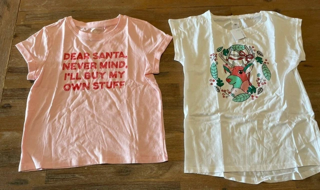 2x GIRLS Size 10 Christmas Tees t-shirts pink & white sparkly reindeer NEW 2078