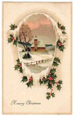 Merry Christmas c1908 holly leaves, rural snow scene, vintage embossed postcard
