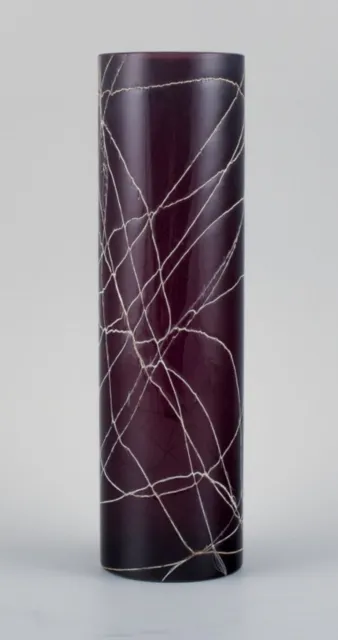 Purple hand-blown art glass vase decorated with silvery threads. 3