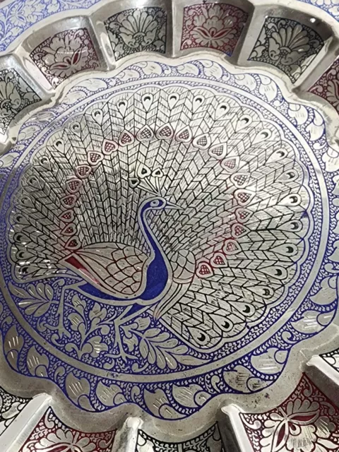 Vintage Brass Peacock Plate Metal Tray Enameled Etched Wall Hanging Decorative